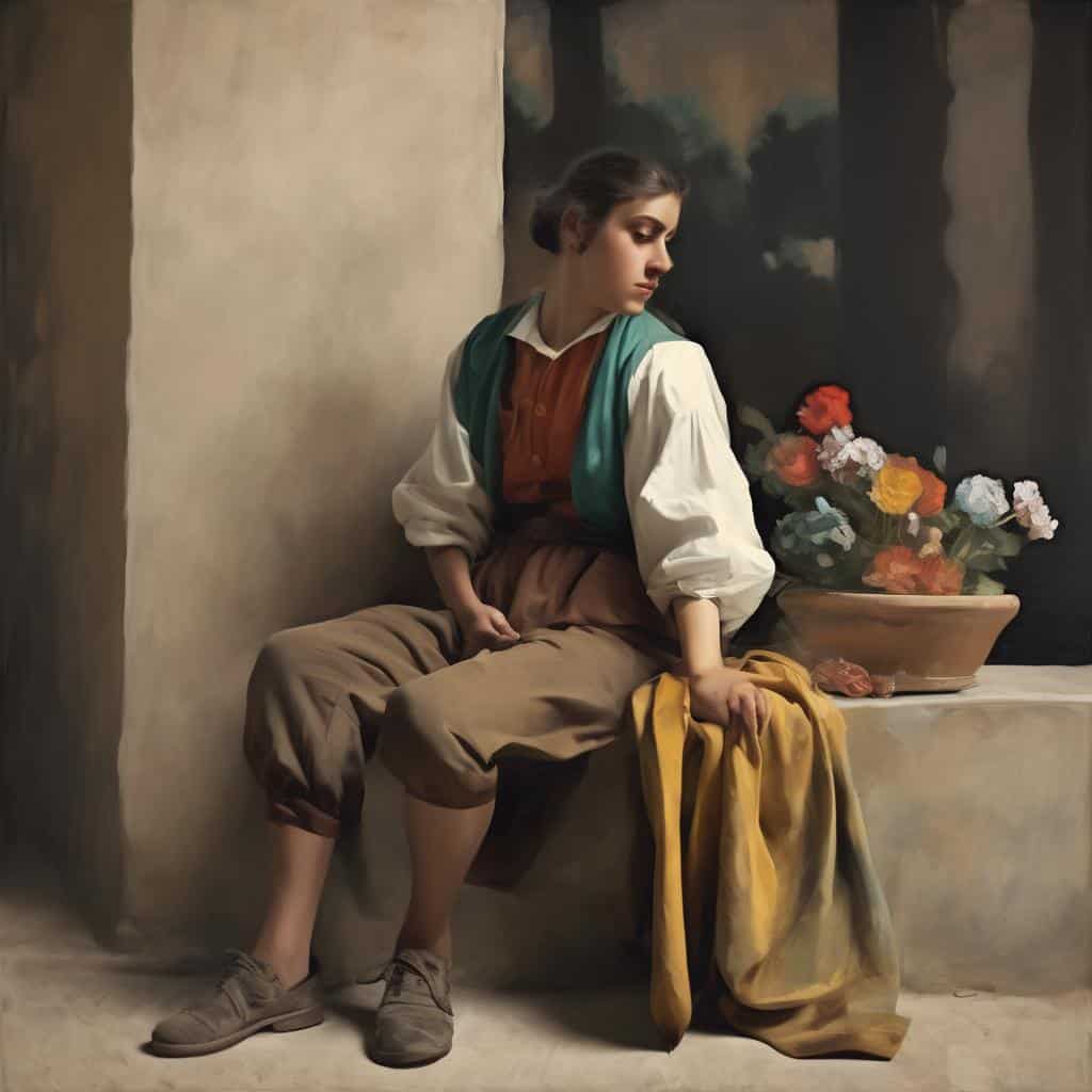 Εικόνα νεαρή γυναίκα σε παραδοσιακή ενδυμασία, ζωγραφιά σε ρεαλιστικό στυλ, με λουλούδια, τεχνικές και στυλ στη ζωγραφική και τη γλυπτική, καλλιτεχνική απεικόνιση.