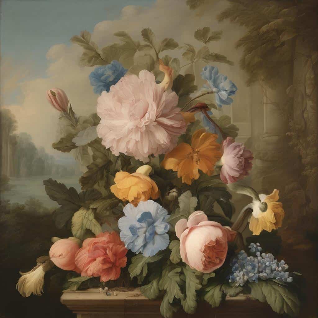 Ανθισμένο μπουκέτο με πολύχρωμα λουλούδια σε ρεαλιστικό στυλ ζωγραφικής.