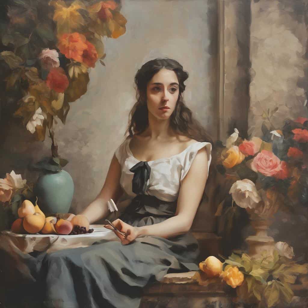 Καλλιτεχνικές τεχνικές και στυλ στη ζωγραφική και τη γλυπτική, αναπαράσταση νεαρού κοριτσιού με λουλούδια και φρούτα.