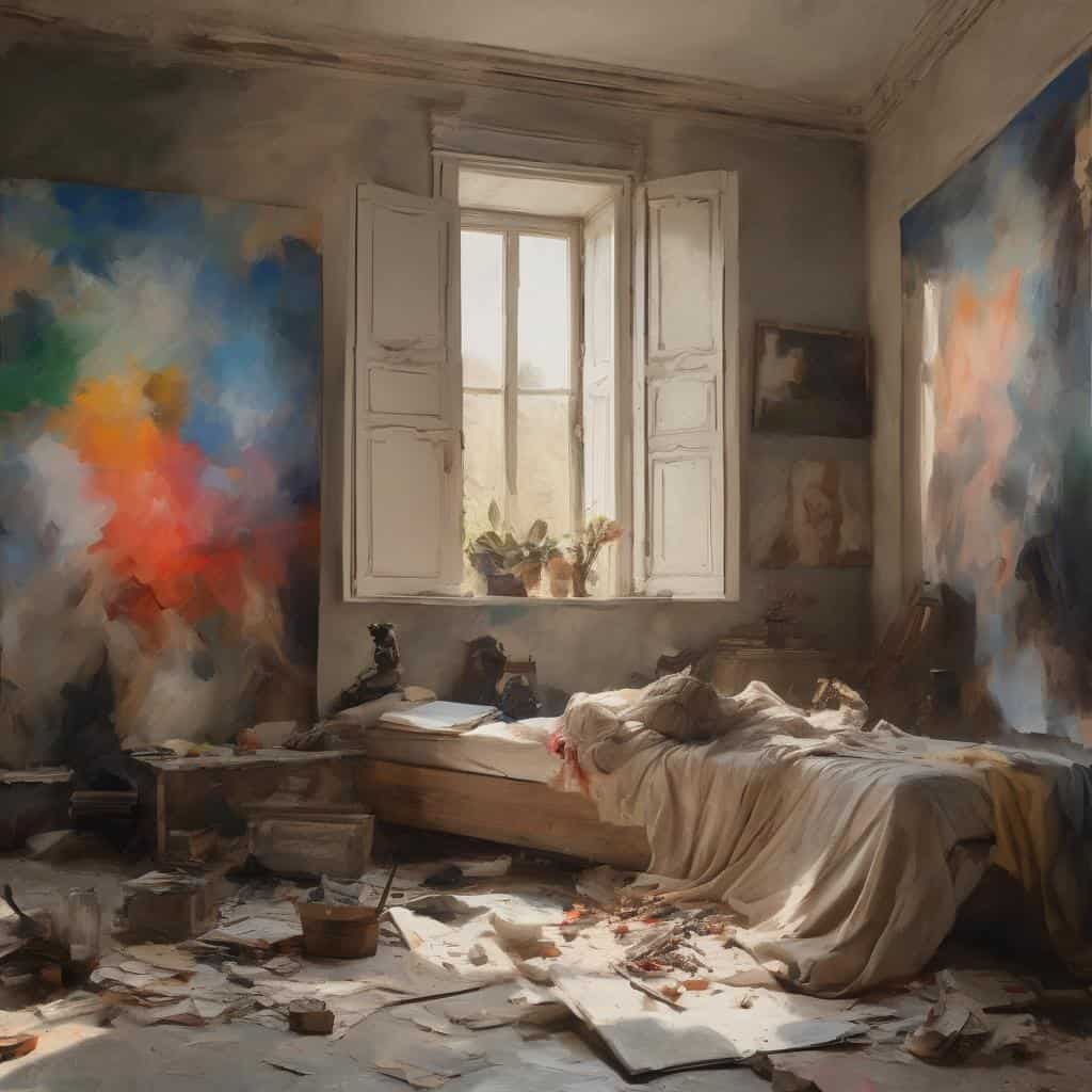 Ζωγραφική και γλυπτική, τέχνες και στυλ, εσωτερικό εργαστήριο ζωγραφικής με πολλά χρώματα, καμβάδες και πινέλα, ανθρώπινη δημιουργία, ακατάστατο εργασιακό περιβάλλον.